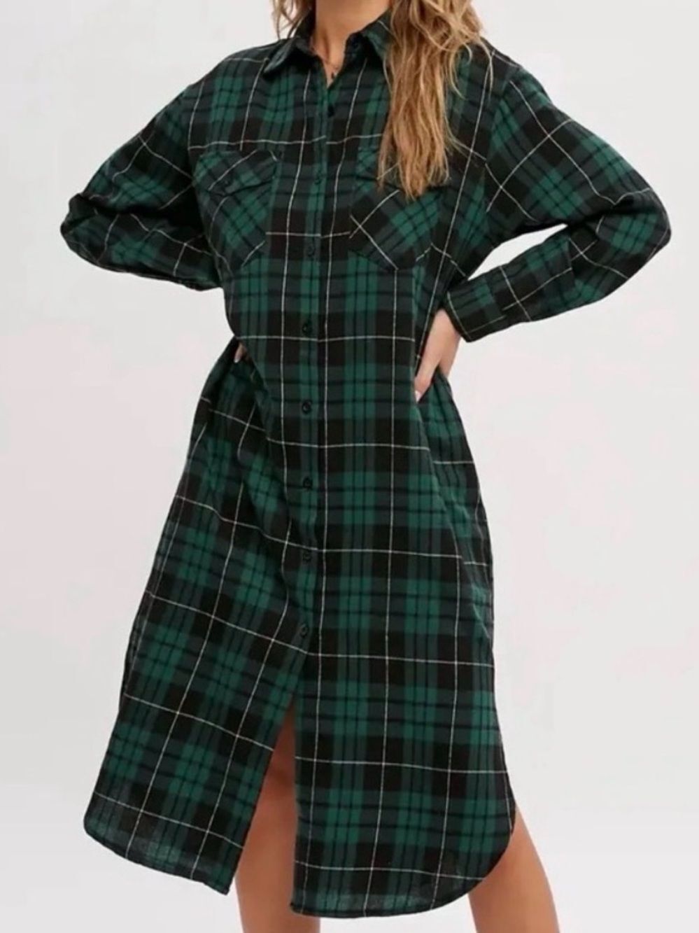 Bluivy Long Line Flannel Green Plaid Shacket Midi Shirt Dress Pockets S